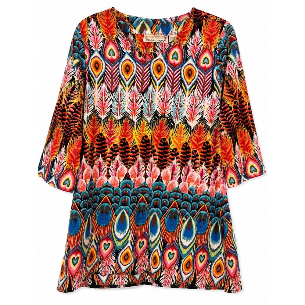 Boho Peacock Feather Tunic Small Top Colorful Statement Flowy Blouse - Picture 5 of 8